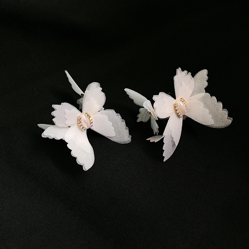 Fashion White  Silver Needle Pearl Chiffon Butterfly Earrings,Stud Earrings