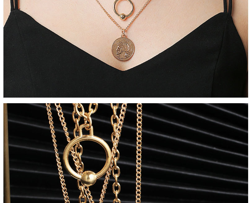 Fashion Golden Coin Shaped Geometric Circular Alloy Multilayer Necklace,Multi Strand Necklaces