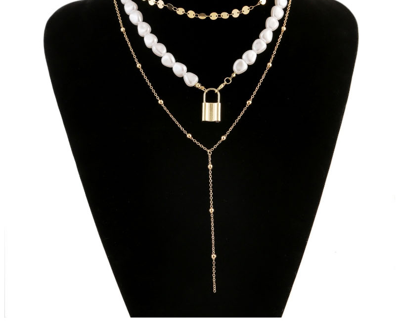 Fashion Golden Alloy Chain Pearl Lock Fringes Multi Layer Necklace,Multi Strand Necklaces