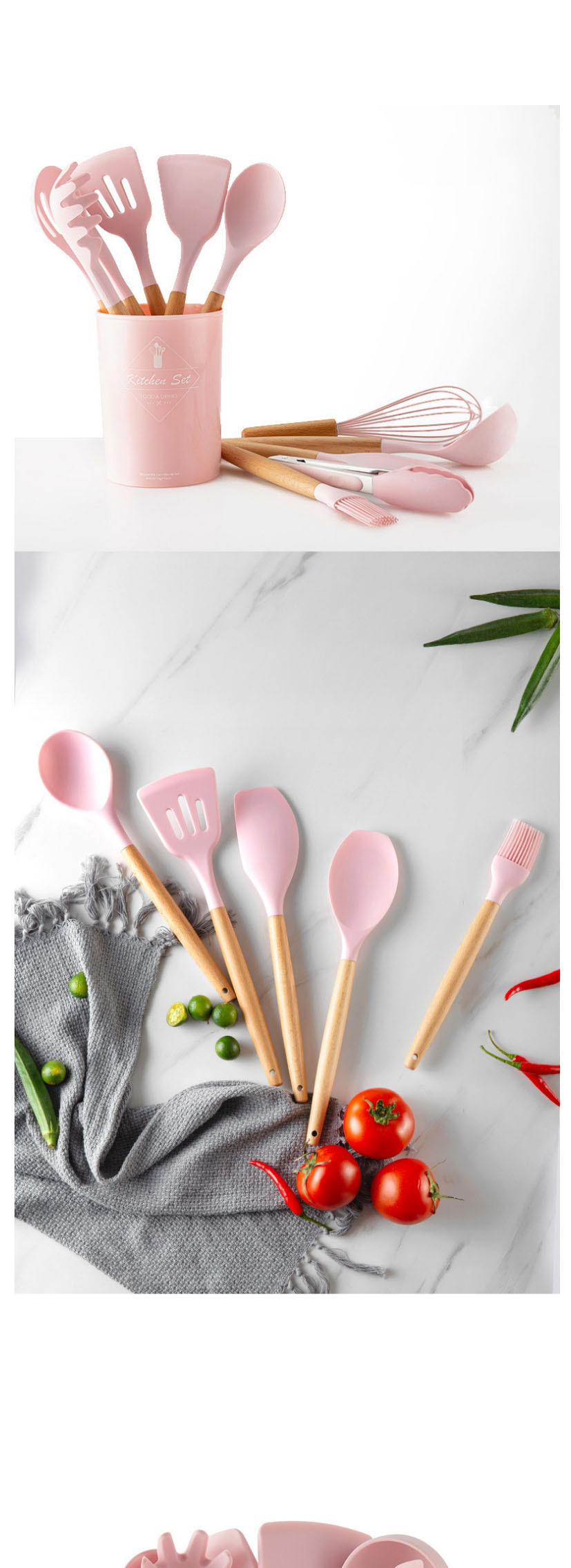 Fashion 11 Piece Set (excluding Bin) Pink Solid Wood Handle With Bucket And Silica Gel Kitchenware,Kitchen