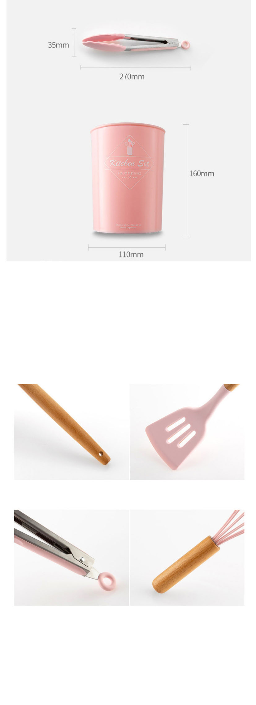 Fashion Food Pinch Pink Solid Wood Handle With Bucket And Silica Gel Kitchenware,Kitchen
