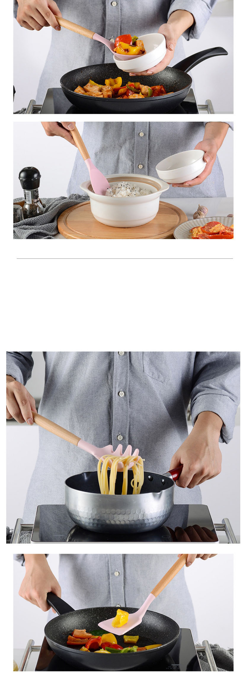 Fashion Food Pinch Pink Solid Wood Handle With Bucket And Silica Gel Kitchenware,Kitchen