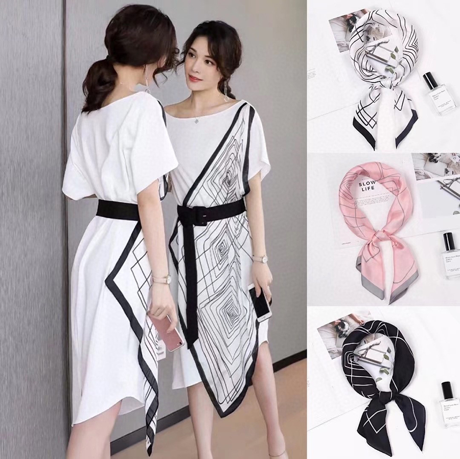 Fashion White Geometric Printing Silk Imitation Scarf Multi Functional Use Of Small Scarves,Thin Scaves