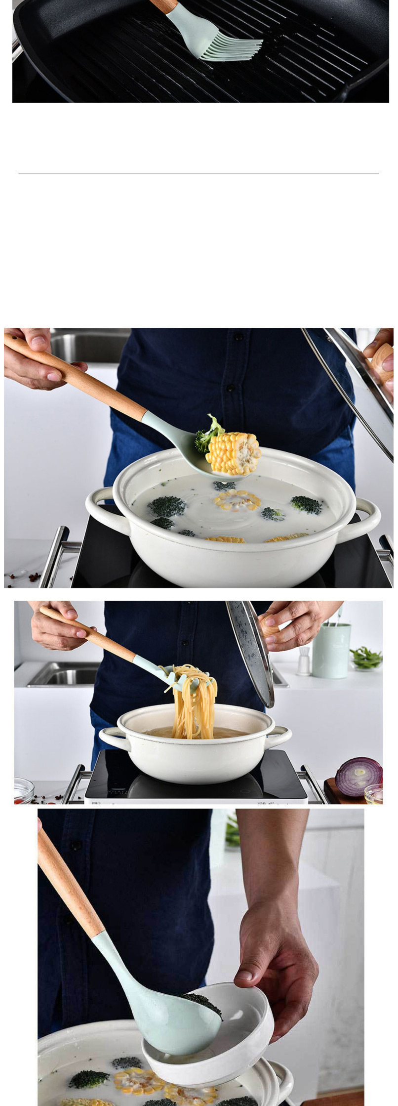 Fashion A Soup Spoon Storage Of Barrels Wooden Handle Silicone Non Stick Turner Kitchenware Sets,Kitchen
