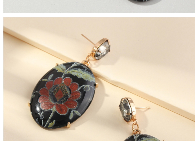 Fashion Black Resin Printed Flowers And Gemstone Earrings,Drop Earrings