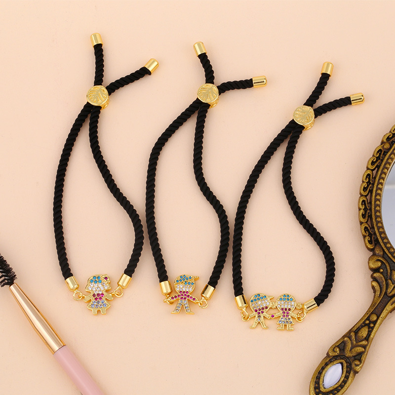 Fashion Black Rope Girl Copper Inlaid Zircons Cartoon Character Bracelet,Bracelets