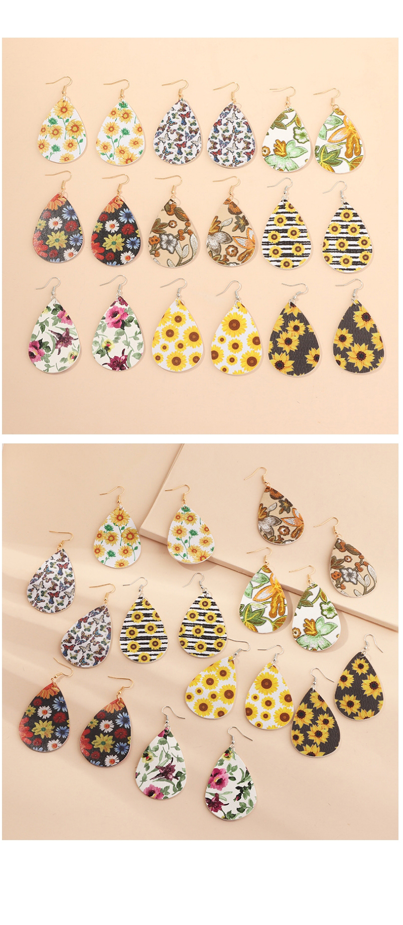 Fashion Flower Litchi Print Water Drop Pu Leather Sunflower Flower Butterfly Earrings,Drop Earrings