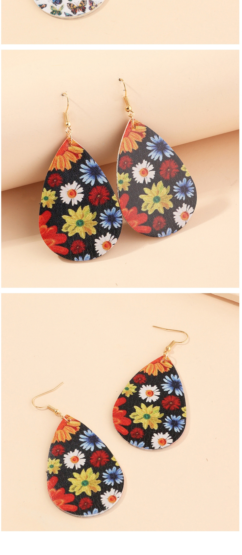 Fashion Flower Litchi Print Water Drop Pu Leather Sunflower Flower Butterfly Earrings,Drop Earrings