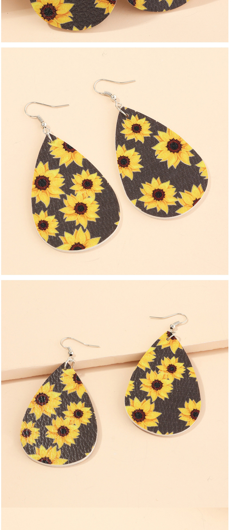 Fashion Sunflower Black And White Litchi Print Water Drop Pu Leather Sunflower Flower Butterfly Earrings,Drop Earrings