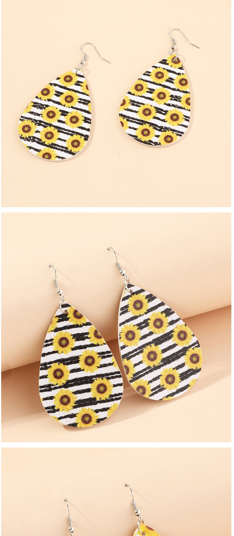 Fashion Sunflower Black Litchi Print Water Drop Pu Leather Sunflower Flower Butterfly Earrings,Drop Earrings