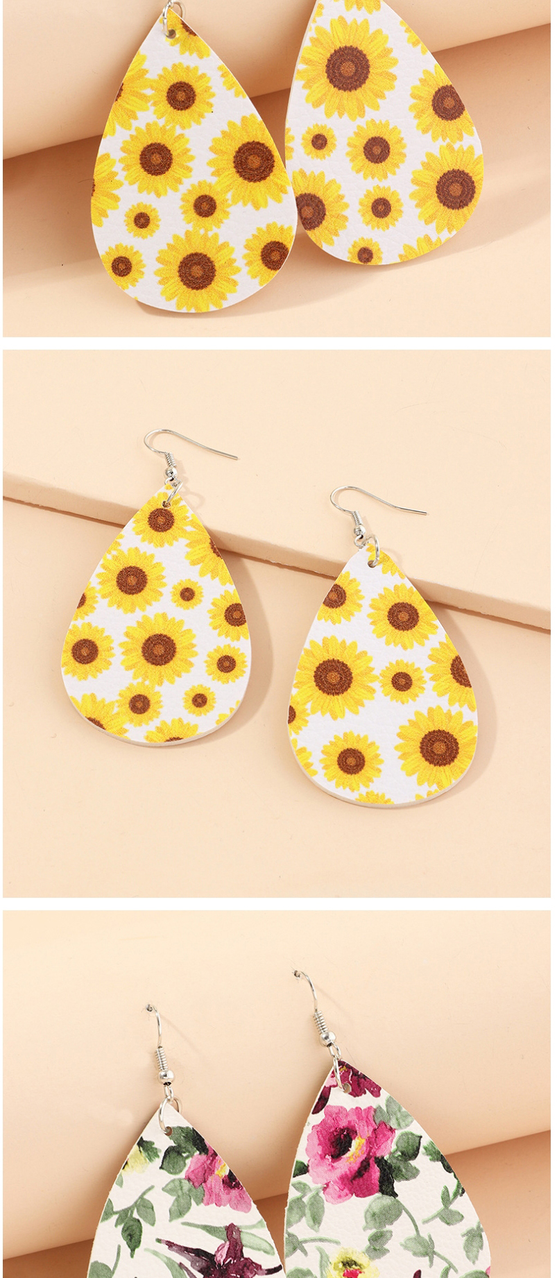 Fashion Yellow Flowers Litchi Print Water Drop Pu Leather Sunflower Flower Butterfly Earrings,Drop Earrings