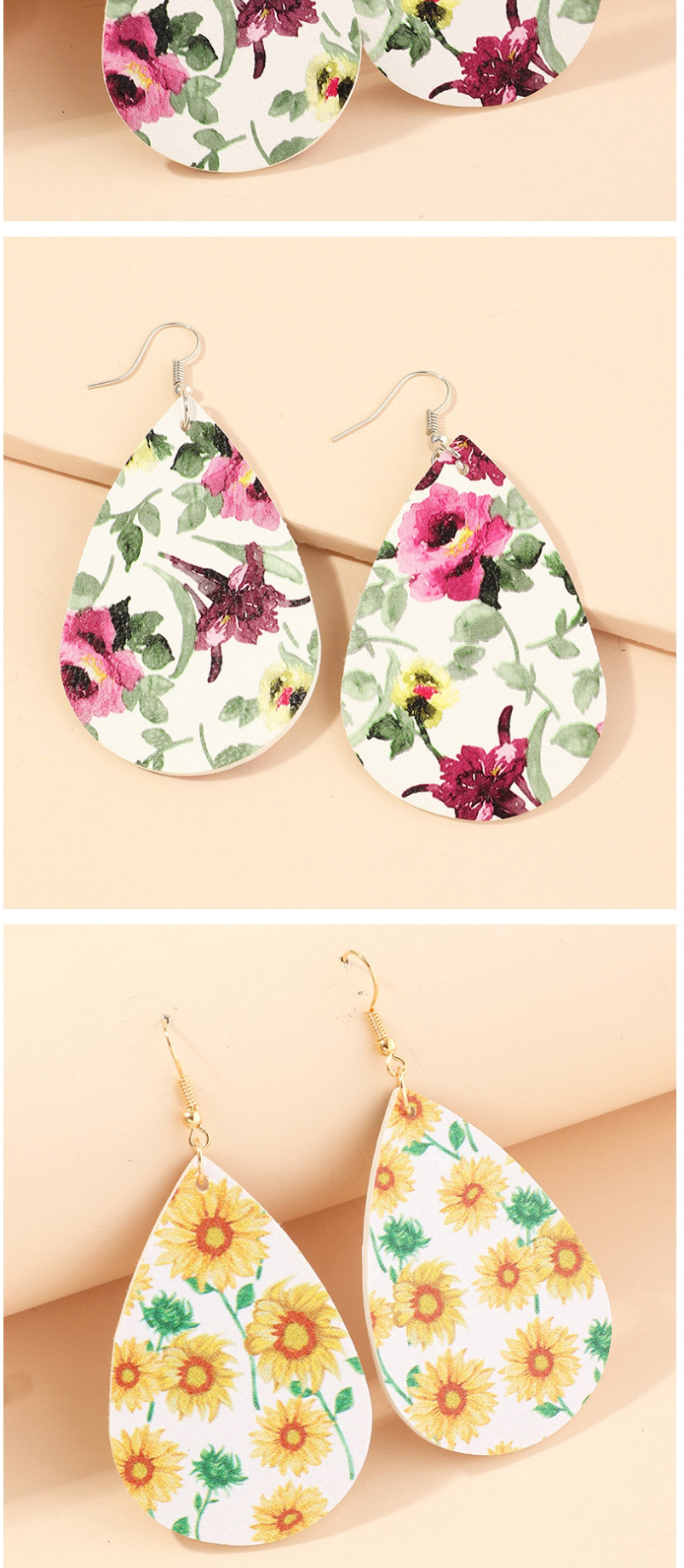 Fashion Sunflower Black Litchi Print Water Drop Pu Leather Sunflower Flower Butterfly Earrings,Drop Earrings