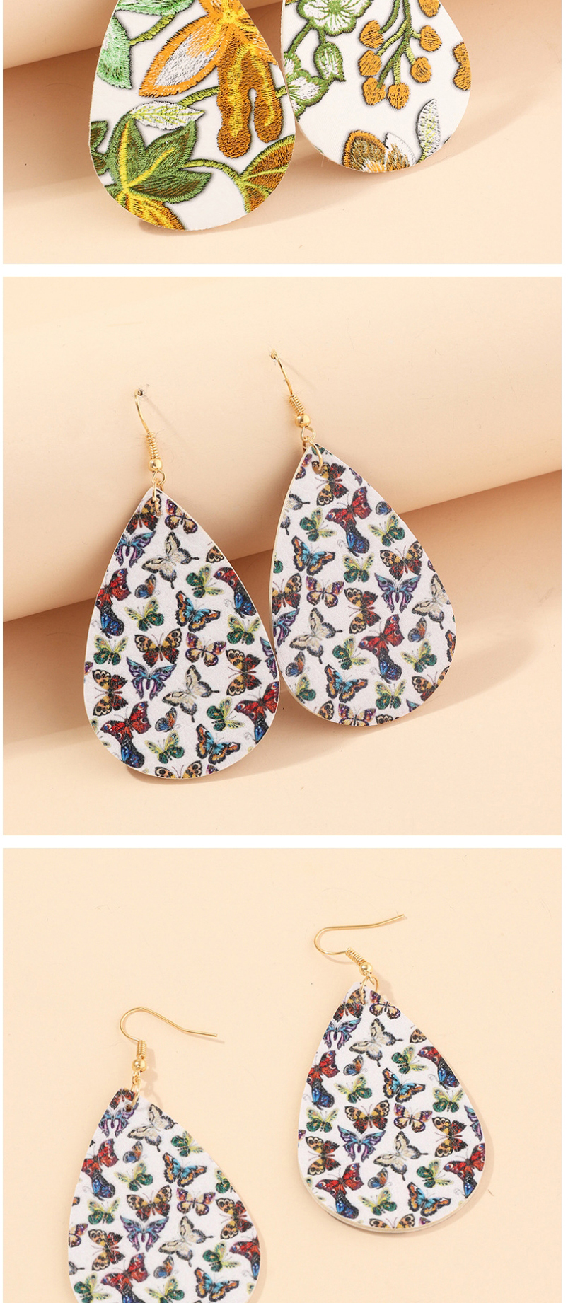 Fashion Sunflower Black And White Litchi Print Water Drop Pu Leather Sunflower Flower Butterfly Earrings,Drop Earrings
