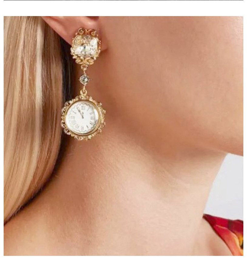 Fashion Golden Antique Watch Time Rhinestone Alloy Earrings,Drop Earrings