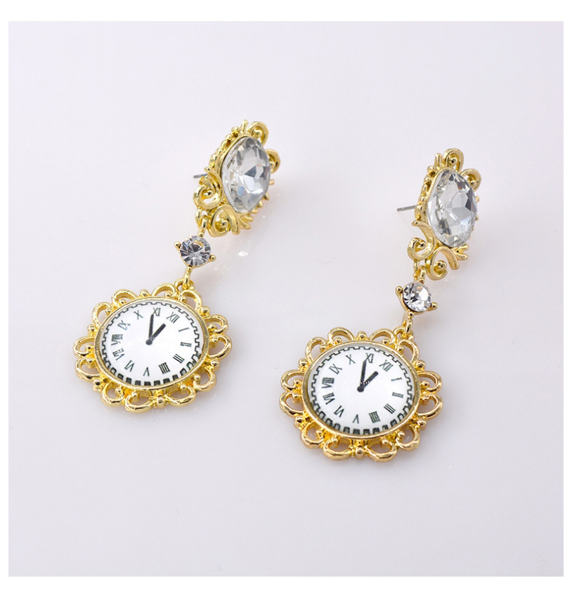Fashion Golden Antique Watch Time Rhinestone Alloy Earrings,Drop Earrings