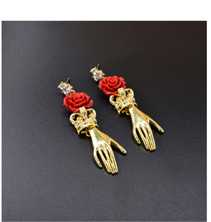 Fashion Golden Rose And Hand Shaped Diamond Crown Earrings,Drop Earrings