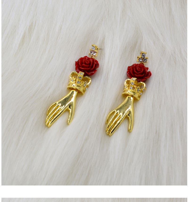 Fashion Golden Rose And Hand Shaped Diamond Crown Earrings,Drop Earrings