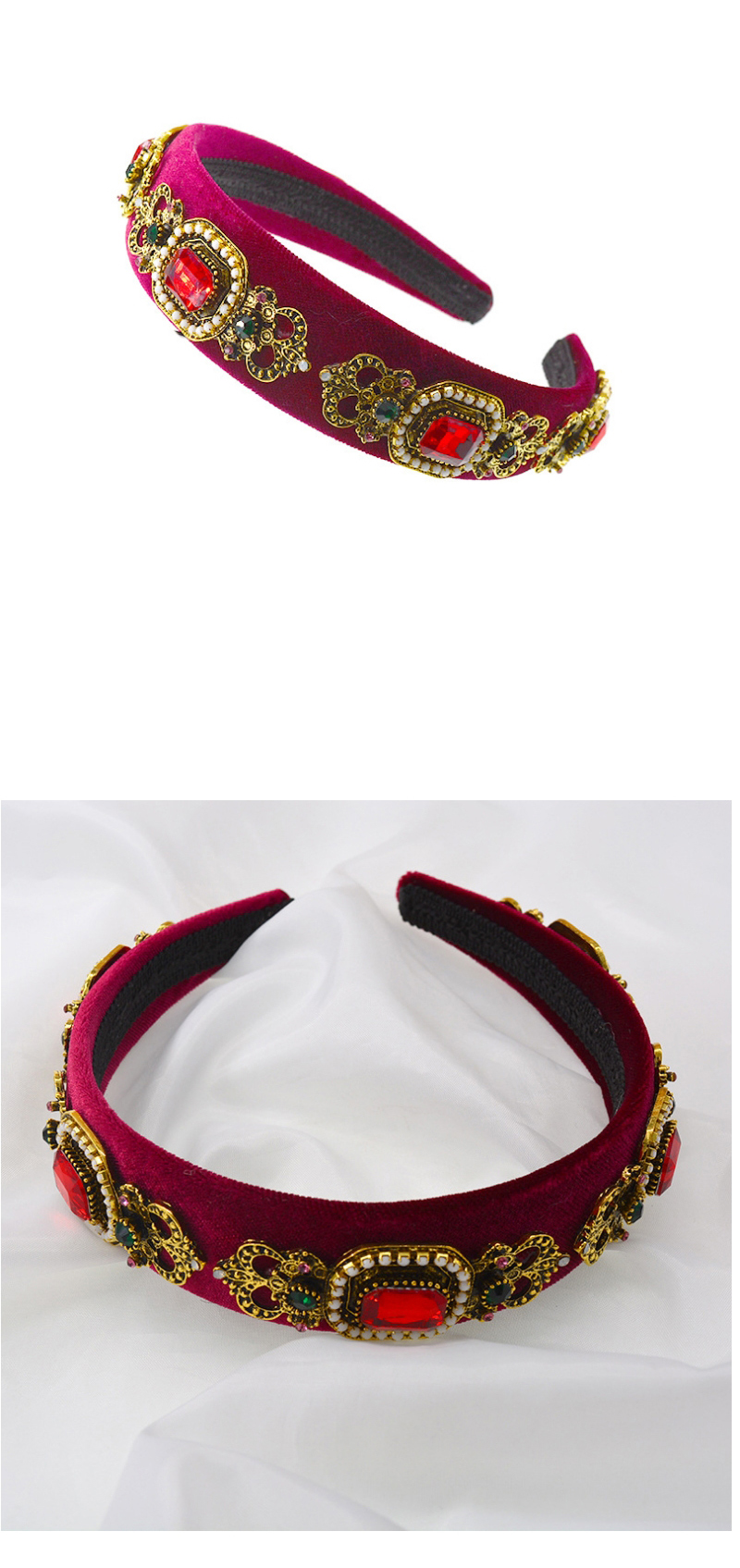 Fashion Red Rhinestone Pearl Wide-edged Flannel Non-slip Geometric Headband,Head Band