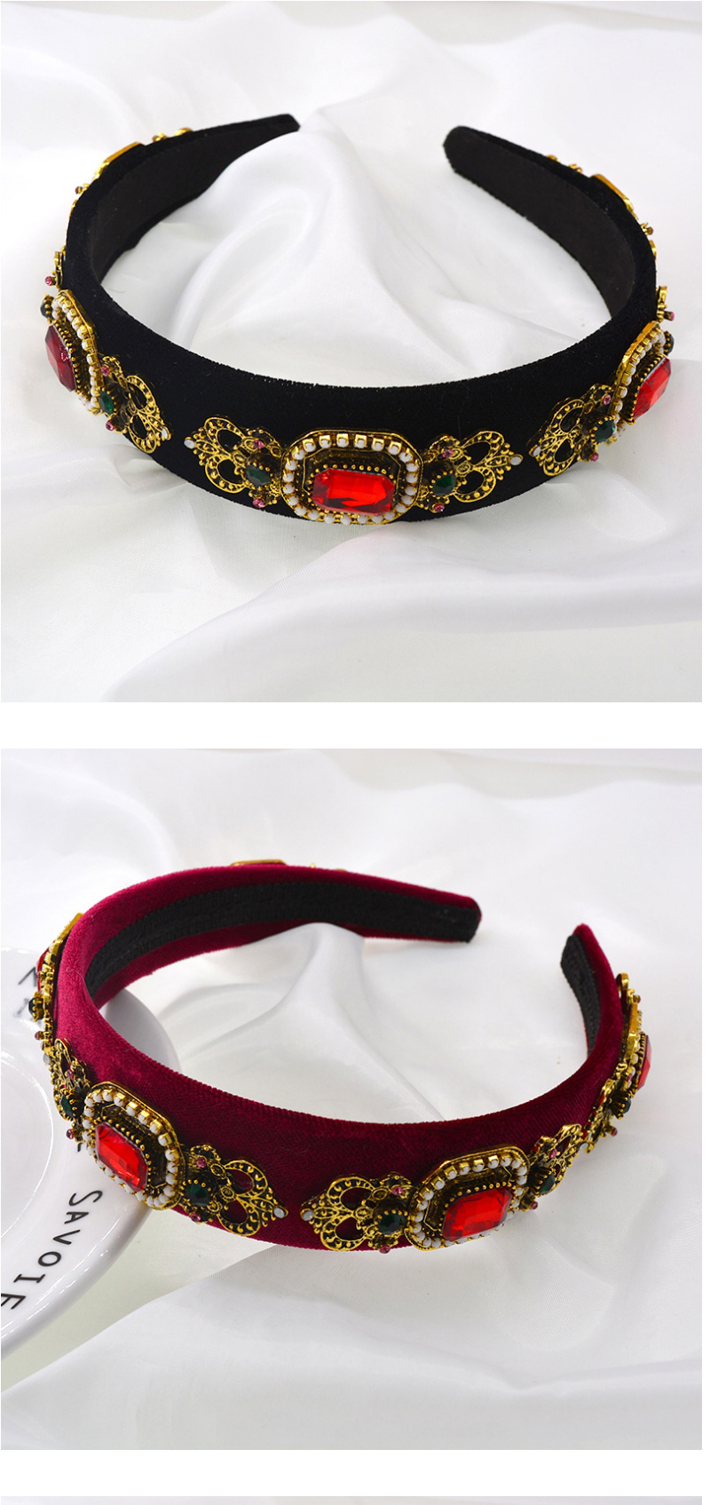Fashion Red Rhinestone Pearl Wide-edged Flannel Non-slip Geometric Headband,Head Band