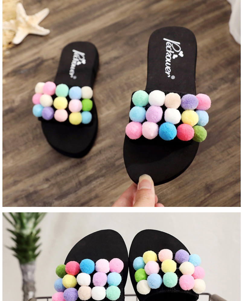 Fashion Color Matching Round Hair Ball Contrast Color Beach Slippers,Slippers