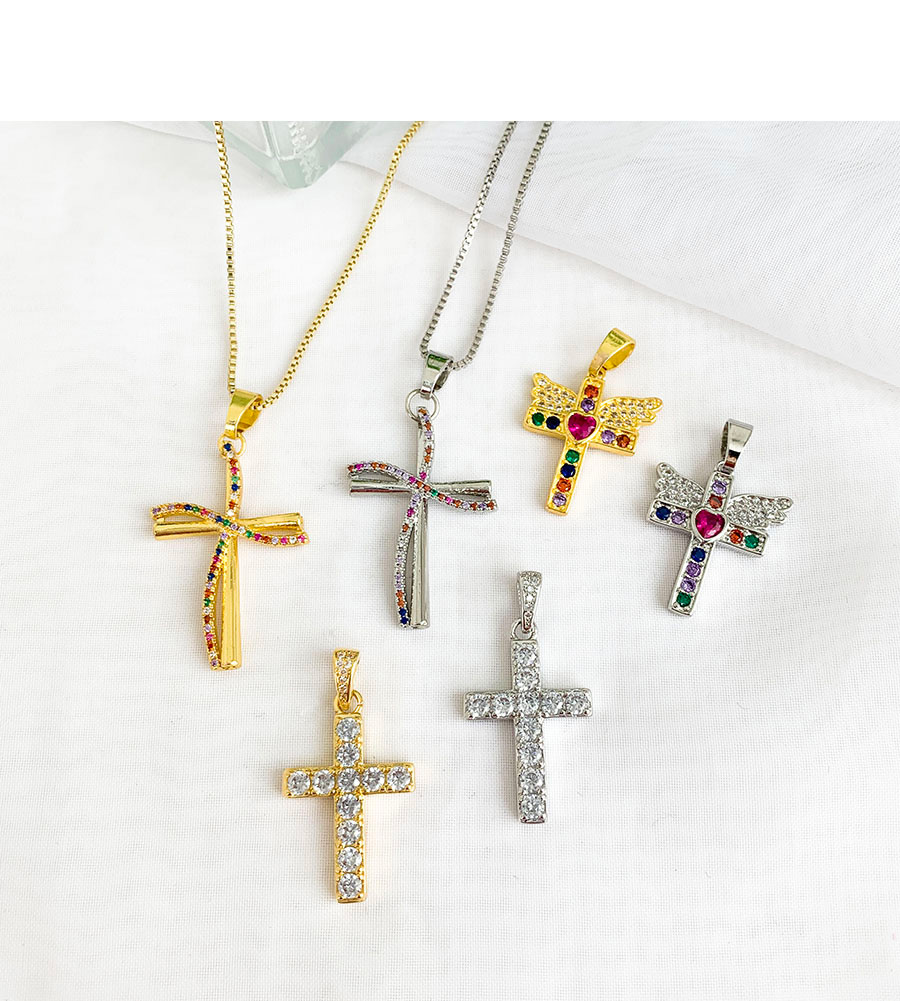Fashion Golden Copper Inlaid Zircon Wing Cross Bead Necklace,Necklaces