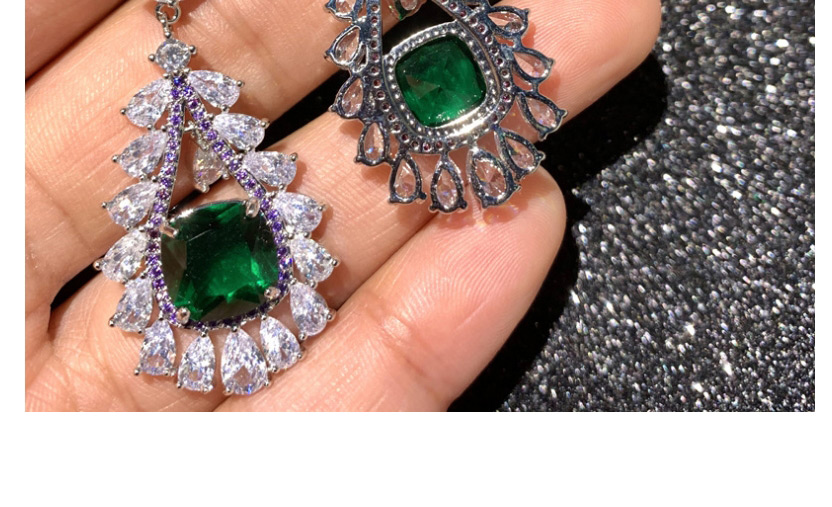 Fashion Green Drop-shaped Emerald Micro-set Zircon Hollow Earrings,Earrings