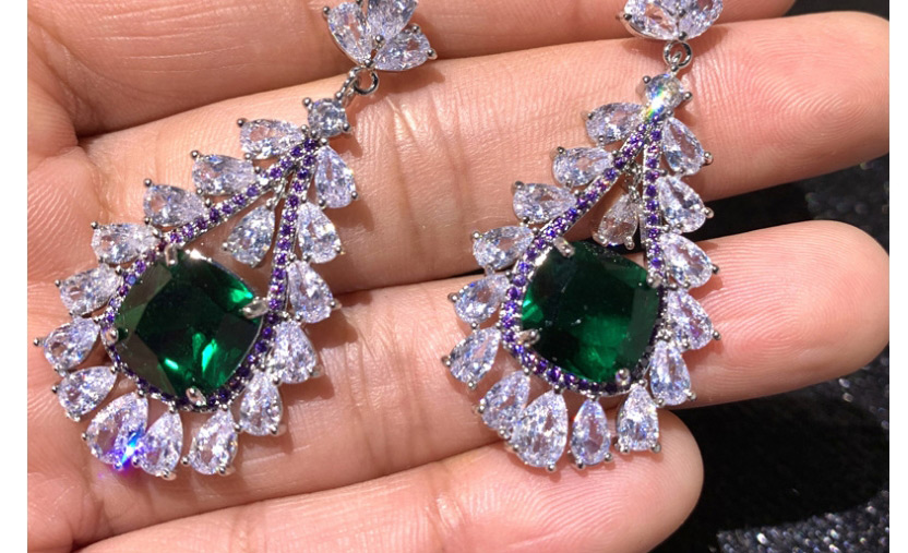 Fashion Green Drop-shaped Emerald Micro-set Zircon Hollow Earrings,Earrings