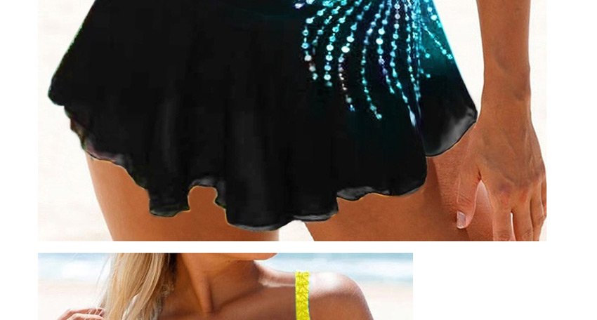 Fashion Yellow Feather Print Conservative Plus Size Split Skirt Swimsuit,Swimwear Sets