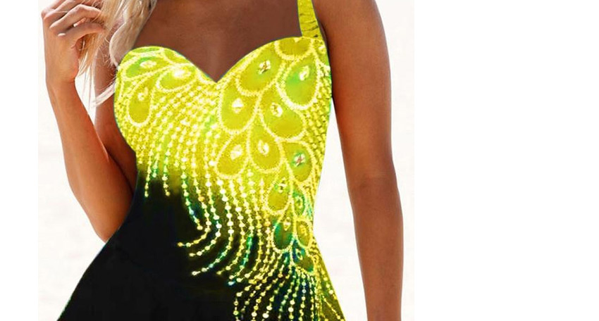 Fashion Yellow Feather Print Conservative Plus Size Split Skirt Swimsuit,Swimwear Sets