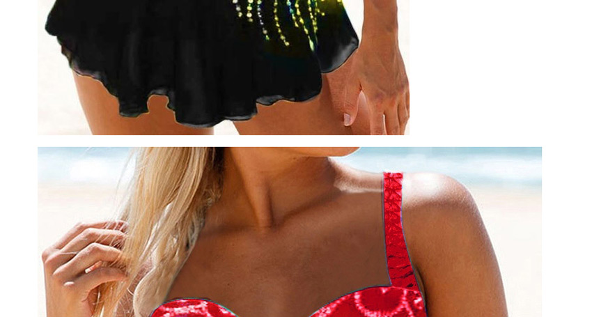 Fashion Red Feather Print Conservative Plus Size Split Skirt Swimsuit,Swimwear Sets