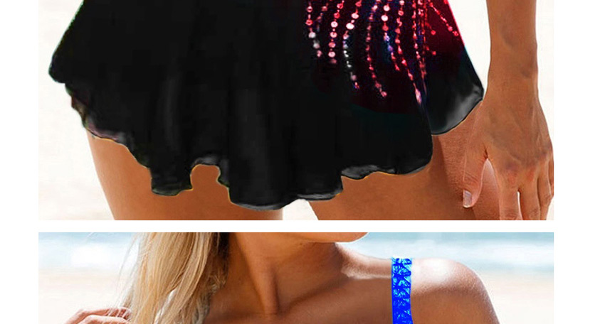Fashion Blue Feather Print Conservative Plus Size Split Skirt Swimsuit,Swimwear Sets