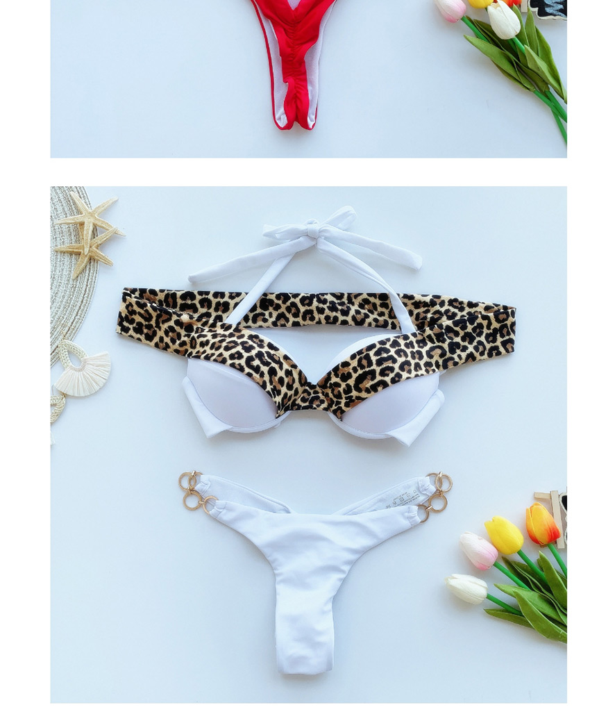 Fashion Red Leopard Print Strap Stitching Metal Ring Split Swimsuit,Bikini Sets