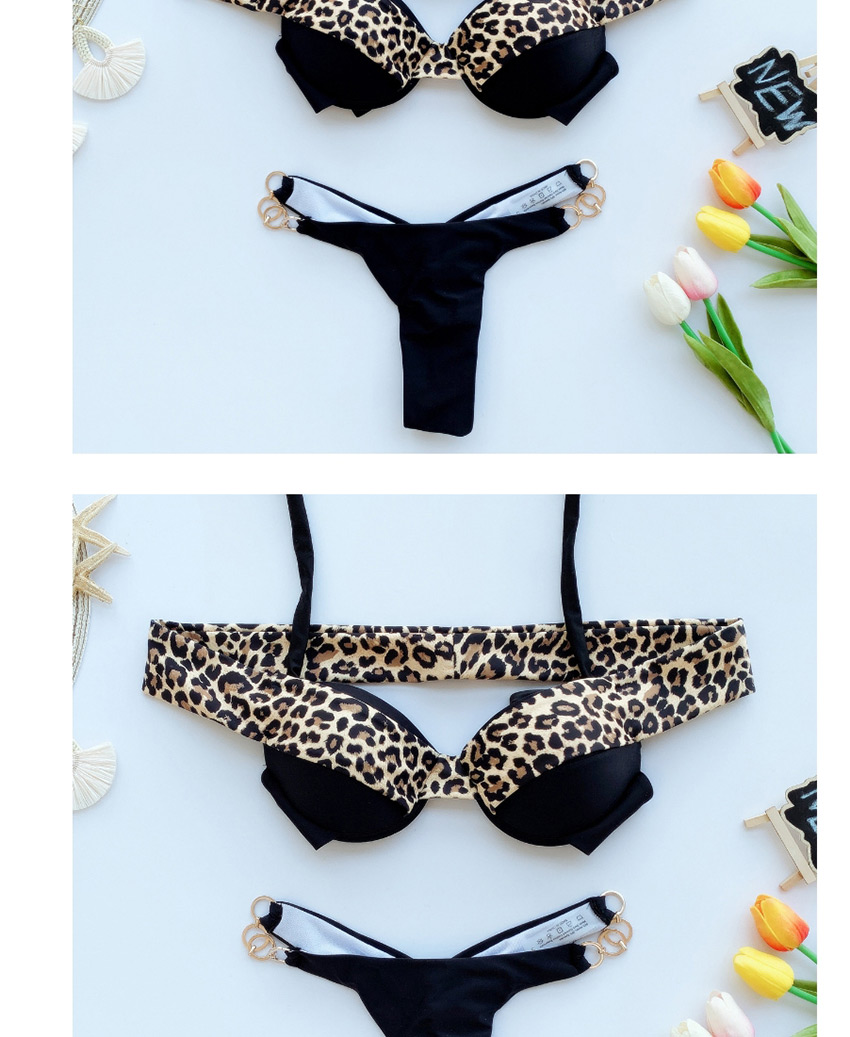 Fashion Black Leopard Print Strap Stitching Metal Ring Split Swimsuit,Bikini Sets