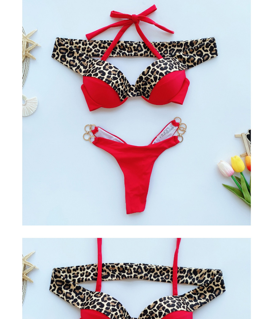 Fashion Red Leopard Print Strap Stitching Metal Ring Split Swimsuit,Bikini Sets