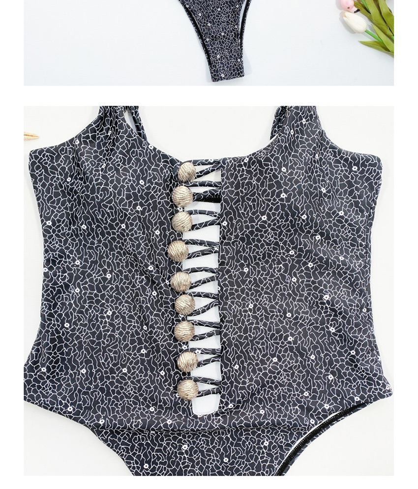 Fashion Black Printed Button Cutout Swimsuit,One Pieces