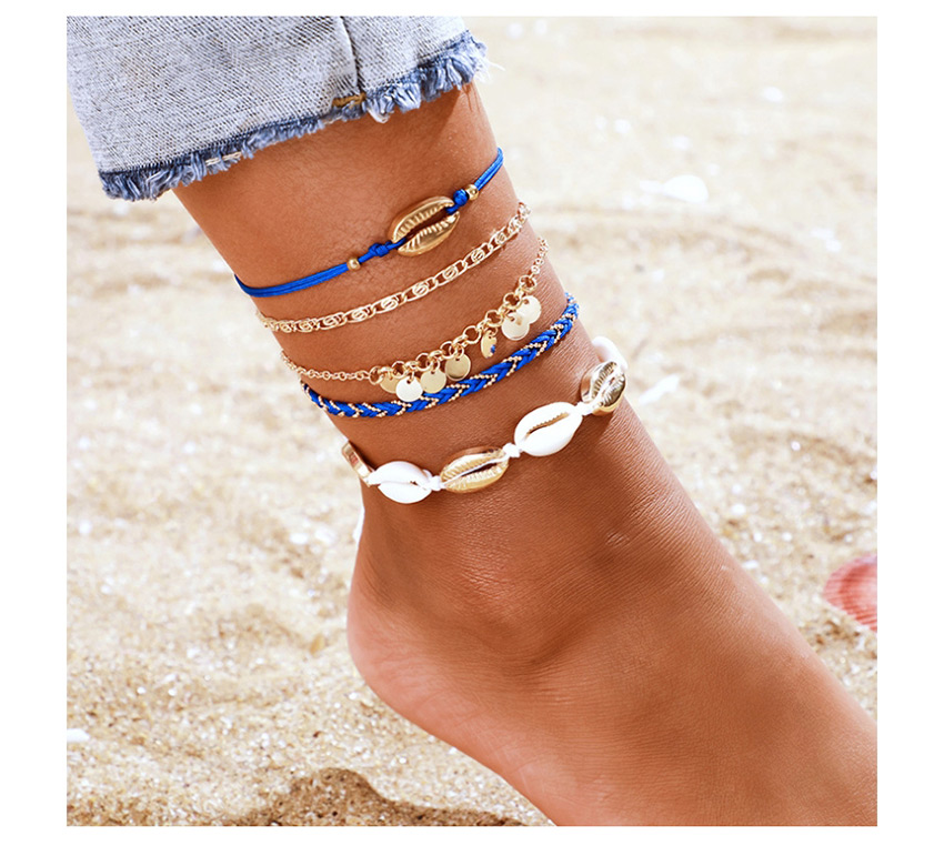 Fashion Royal Blue Shell Braided Disc Alloy Anklet Set,Fashion Anklets