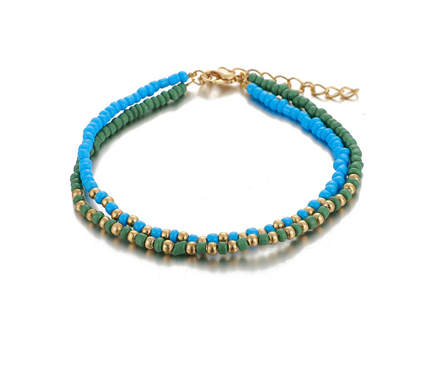 Fashion Royal Blue Rope Braided Rice Bead Disc Shell Scallop Anklet Set,Beaded Bracelet
