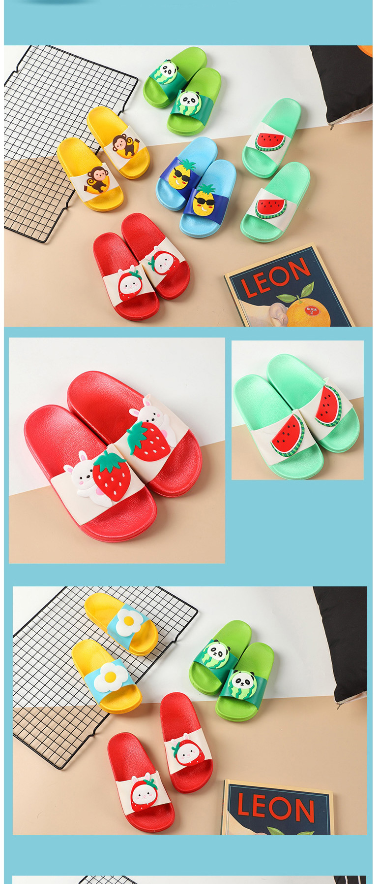 Fashion Strawberry Rabbit Fruit Animal Hit Color Non-slip Soft Bottom Word Children Slippers,Beach Slippers