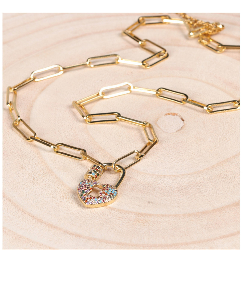 Fashion Color Diamond-40cm Thick Chain Love Lock Set With Diamond Alloy Necklace,Necklaces