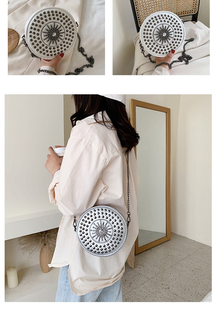 Fashion White Soft Leather Rivet Chain Round Shoulder Crossbody Bag,Shoulder bags