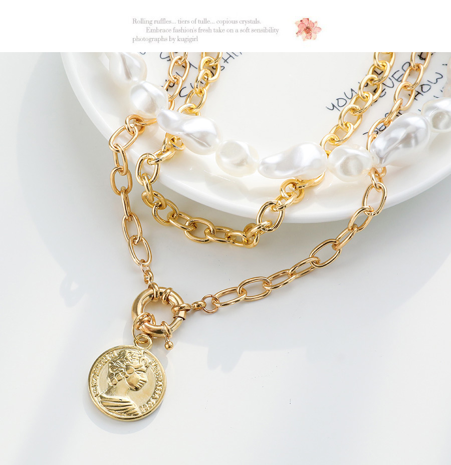 Fashion Golden Alloy Pearl Portrait Multi-layer Necklace,Multi Strand Necklaces