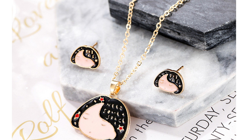 Fashion Black Oil Dropping Color Character Head Alloy Earring Necklace Set,Chains