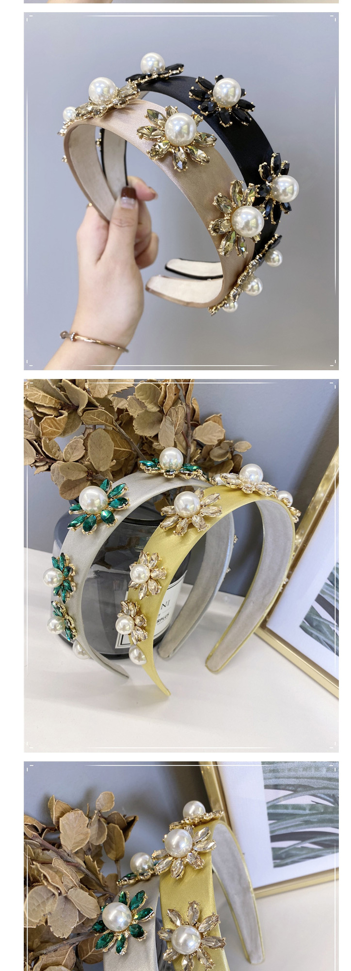 Fashion Green Satin Diamond And Pearl Flower Headband,Head Band