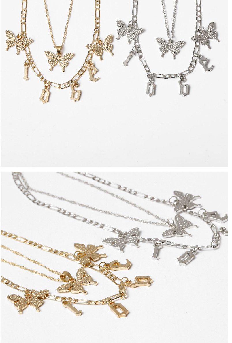 Fashion Golden Alphabet Butterfly Tassel Alloy Multi-layer Necklace,Multi Strand Necklaces