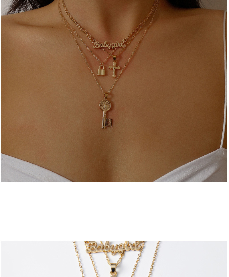 Fashion Golden Locked Jesus Relief Letter Key Multilayer Necklace,Multi Strand Necklaces