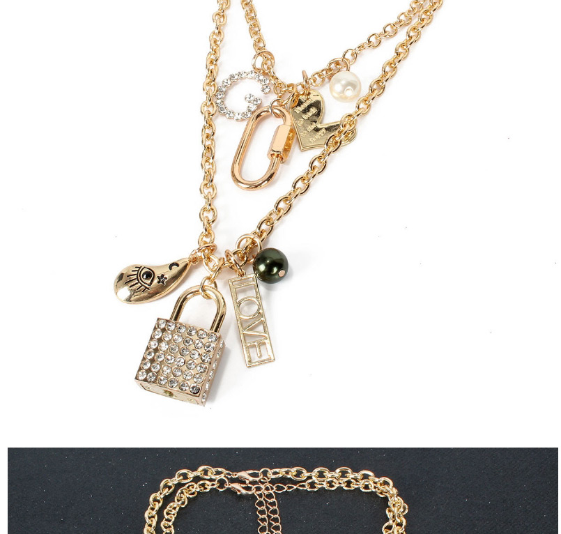 Fashion Golden Diamond Pearl Love Eye Alphabet Multilayer Necklace,Chains