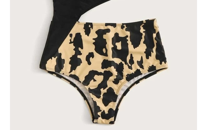 Fashion Black Leopard Print Stitching Contrast Color One-shoulder Swimsuit,One Pieces