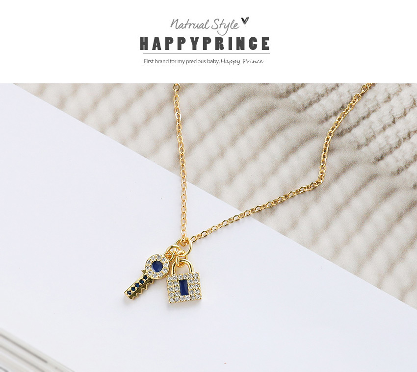 Fashion Navy Blue Copper Inlaid Zircon Key Lock Pendant Necklace,Necklaces