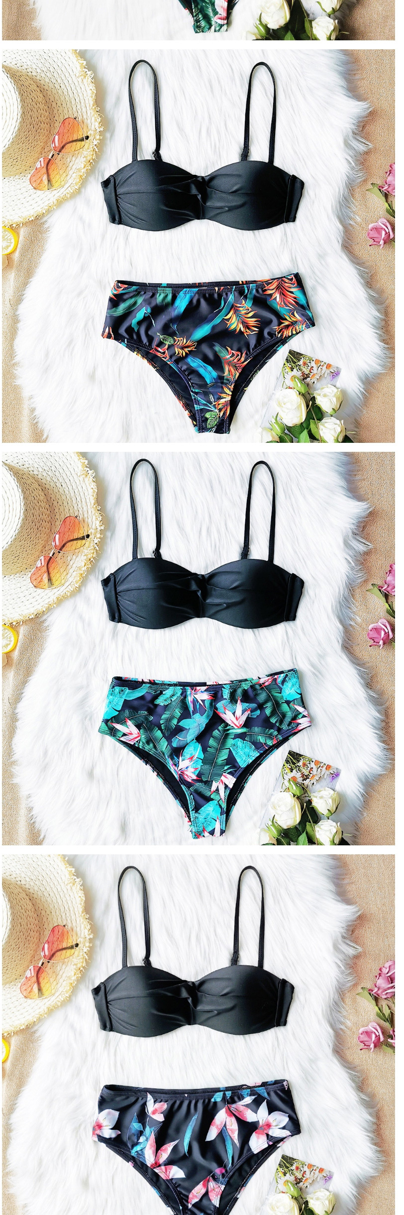 Fashion Black Top + Black Bottom Yellow Leaves Bottoms Pleated Flower Printed High Waist Split Swimsuit,Bikini Sets