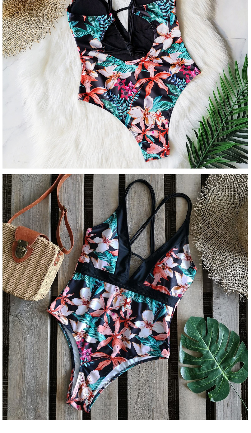 Fashion Green Leaf Pink Water Lily Printed Backless Stitching One-piece Swimsuit,One Pieces